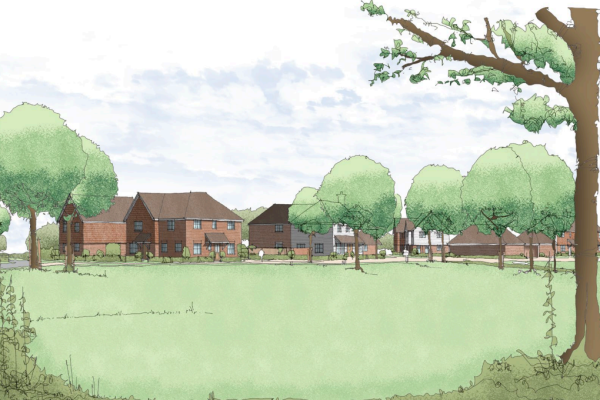 artist impression of new development from the perspective of the new village green