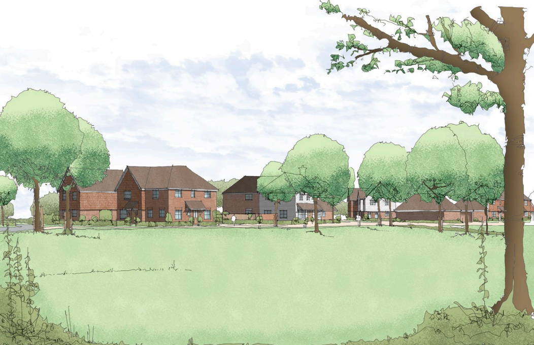 artist impression of new development from the perspective of the new village green